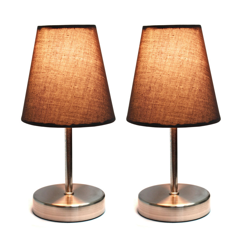 Amandev Simple Designs Sand Nickel Mini Basic Table Lamp with Tapered Fabric Shade, Brown