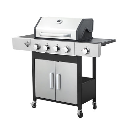 4-Burner Propane Gas BBQ Grill With Side Burner 46790BTU Output With Enameled Cast Iron Cooking Grid