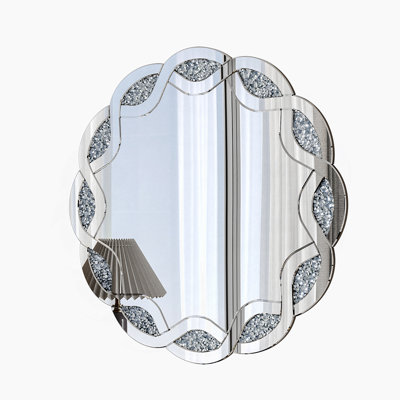 Silver Crush Diamond Round Wall Mirror, 31.5 Inch Wave Frame For Elegant Home Decor And Durable Use