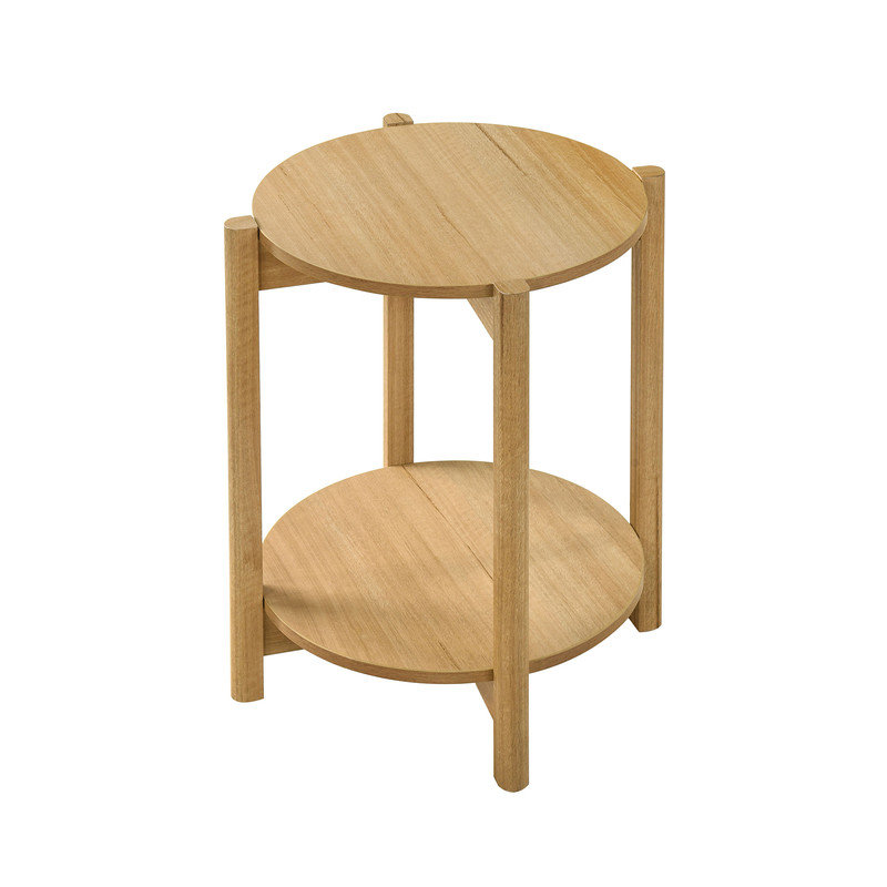 Table d'appoint ronde transitionnelle brun clair, table d'appoint en bois d'ingénierie avec tablette inférieure ouverte, table d'appoint circulaire pour le salon