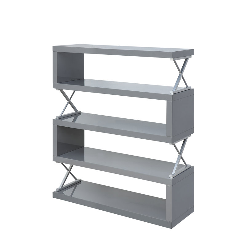 Telma Geometric Display Bookcase with Open Back, Glossy Gray, (4 Shelves) 54.38" H x 47'' W x 15.5" D