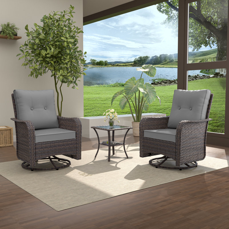 Outdoor Swivel Rocking Chair Set With Table, 2-Piece Patio Lounge Seating Group, All-Weather 360-Degree Rotating Rockers With Removable Cushions