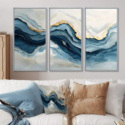 White And Blue Marble Wave III - Coastal Waves Wall Decor Set