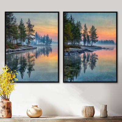 Sunset At Dawn Lake Summer Mist - Sunset Wall Decor, Orange Landscape Framed 2 Piece Wall Art