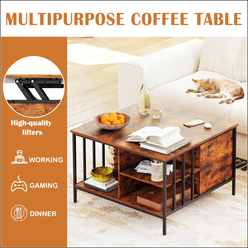 Table basse à plateau relevable Farmhouse avec hauteur réglable et rangement, centre multifonctionnel pour la famille avec compartiment caché et 3 tablettes