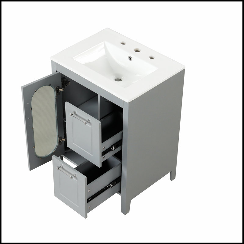 Meuble-lavabo 24 po avec lavabo, deux tiroirs, porte et tablette réglable pour salle de bain moderne, Gris