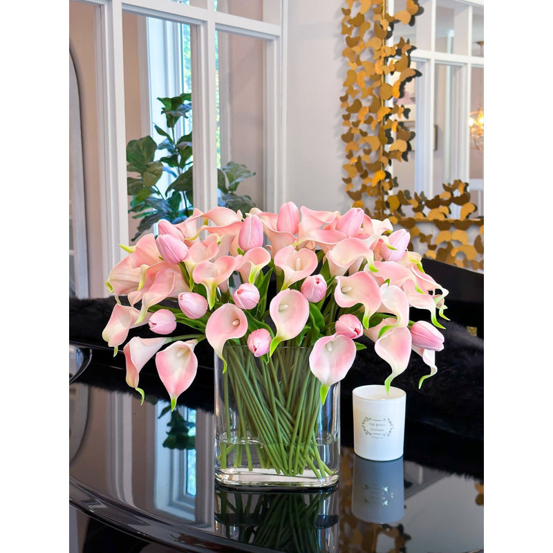 Pink Calla Lilies & Tulips Faux Floral Arrangement In Glass Vase