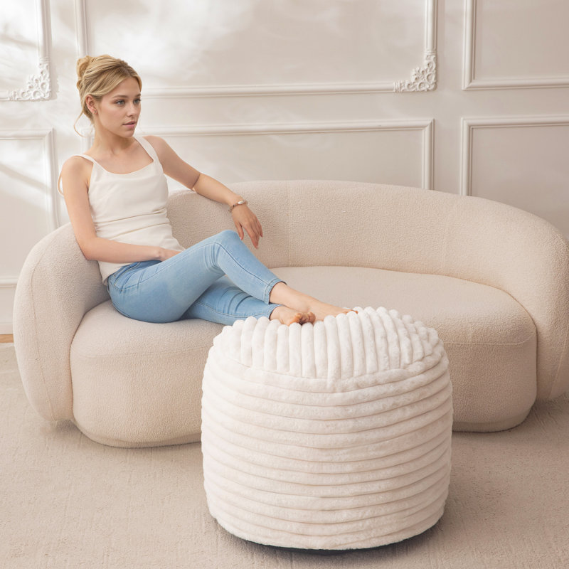 Round Stripe Pouf Ottoman, Beige, 20"