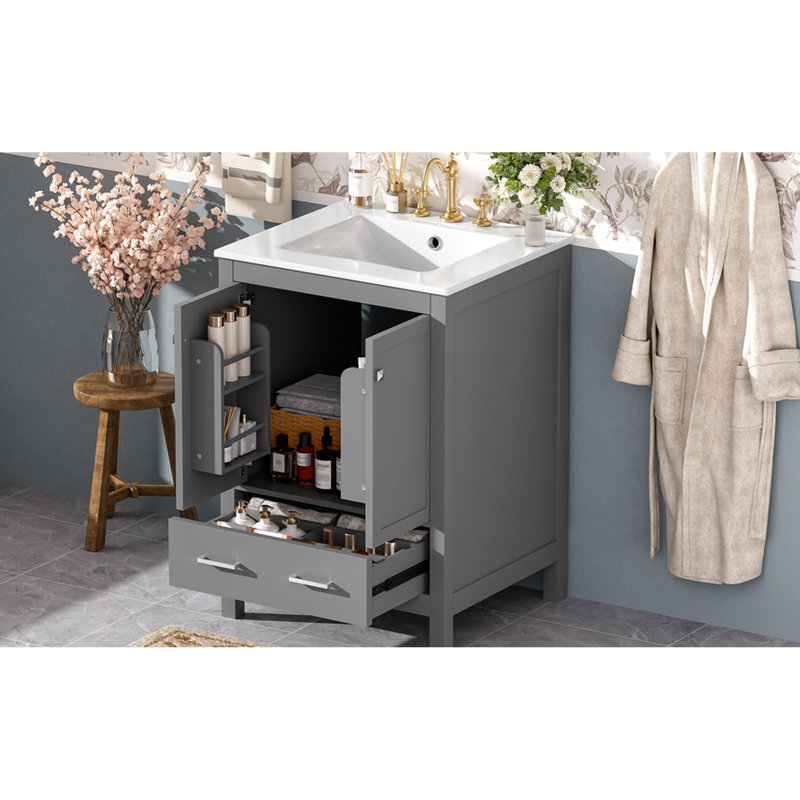 Meuble-lavabo gris 24 po avec lavabo encastré en céramique, étagère de porte double couche et armoire de rangement intégrée de 24 po à 2 portes et 1 tiroir, conception à fermeture en douceur, poignées argentées, protection