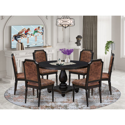 7-Piece Mid Century Dining Set Consists of a Round Dining Table and 6 Brown Textured Polyester Chairs with High Back, Sand Blasting Black Finish.