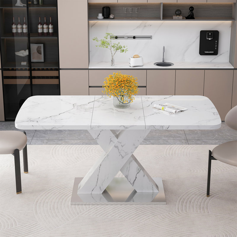 Table de salle à manger rectangulaire moderne (table seulement), Blanc, Blanc / argenté