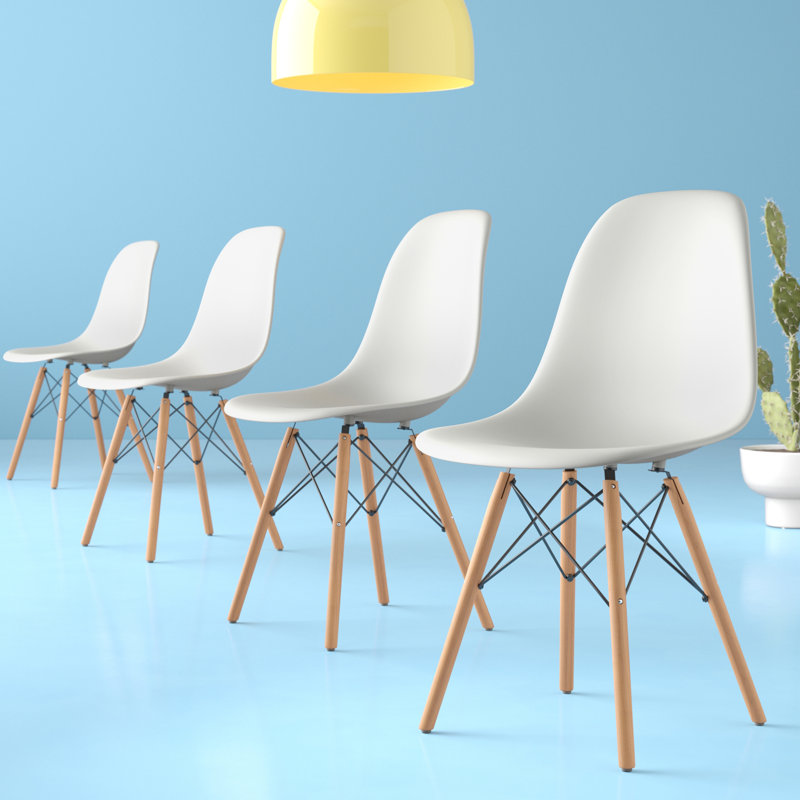 White Armless Dining Side Chairs with Beech Wood Legs (Set of 4)