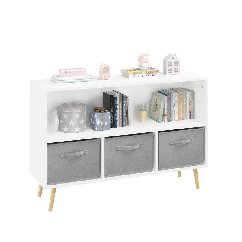 Bibliothèque pour enfants avec tiroirs en tissu pliables, présentoir à livres pour enfants, armoire de rangement pour jouets, blanc / gris