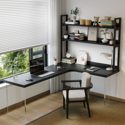 Bureau en coin en acrylique avec tablette en L et bibliothèque intégrée