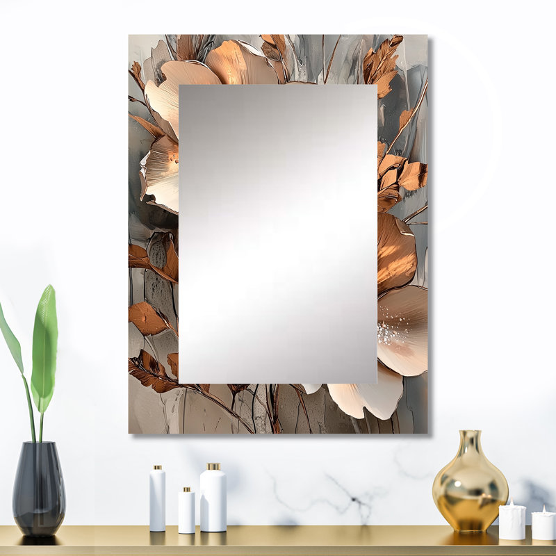 Métal cuivre et chrome abstrait fleurs I - miroir décoratif fleurs, miroir mural doré, impression sur métal, 32 po x 24 po