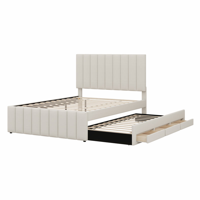 Lit plateforme tapissier avec lit gigogne et 3 tiroirs, Beige