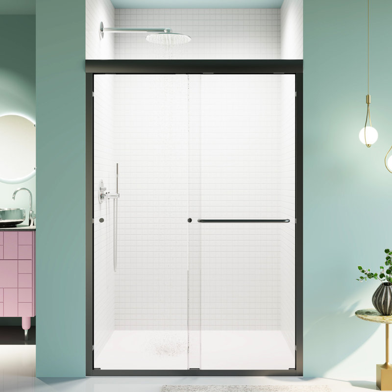 Porte de douche semi-double, l 48 po x H 72 po, verre trempé, noir mat, stable et porte coulissante lisse de 6 mm de H 44 po à 48 po x H 72 po