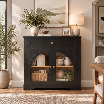 Modern Sideboard Cabinet, Accent Buffet Storage Cabinet with Drawers and Arched Glass Doors for Entryway, Living Room and Dining Room