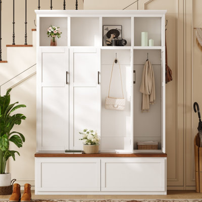 4-Door Entryway Hall Tree with Storage Bench with Cabinet, Open Cubbies & Drawers, Mudroom Organizer with Hanging Hooks