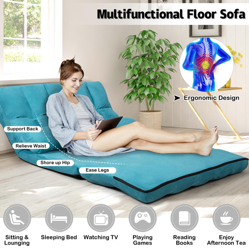Futon et matelas à dossier simple en similicuir de 44,5 po Namirah, Bleu