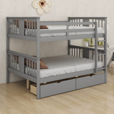 Wood Bunk Bed With Drawers,Convertible Bunk Bed With Ladders And Two Storage Drawers,Solid Wood Detachable Bed Frame With Ladders,Full Over Full