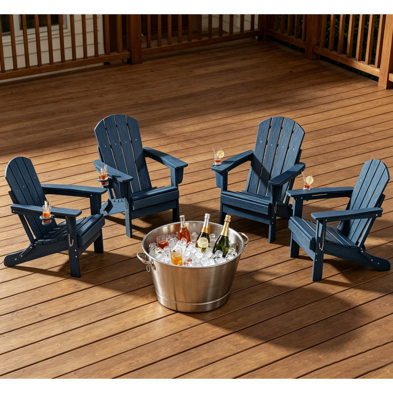 Folding HDPE Adirondack Chair with Cup Holder, Weather Resistant Outdoor Patio Chair, 4 PCS, Navy, 4