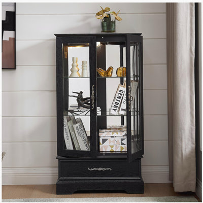 Vitrine lumineuse en verre avec tablettes réglables - Vitrine élégante à 2 portes et tiroir intégré, ampoule incluse - NOIR