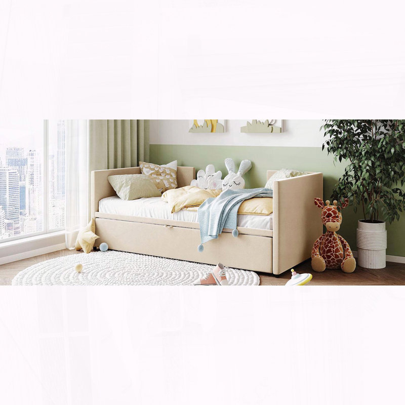 Lit de jour simple tapissier avec couchette escamotable, beige, Beige