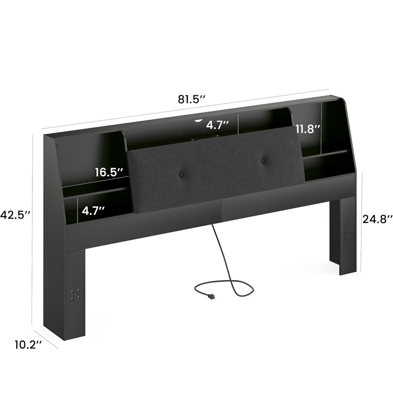 Bookcase Headboard with Charging Station & LED Lights, Upholstered Storage Headboard with Open Shelves, Black, King