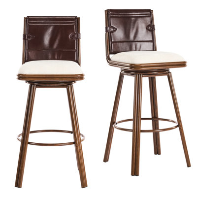 360 Swivel Indoor Upholstered Bar Stools Of 2, Solid Back, High - Quality Foam Seat, Iron Framework Walnut Finish, Cloud Soft Beige Faux Leather Rotat