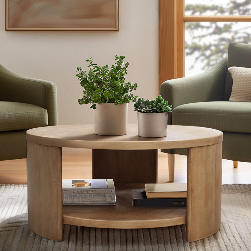 Table basse ronde avec tablette, Naturel