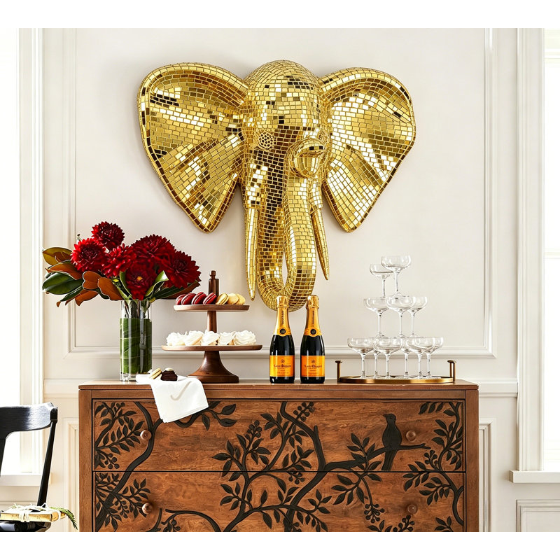 Statue murale 30,8 "à tête d'éléphant avec extérieur en losange en miroir, Doré