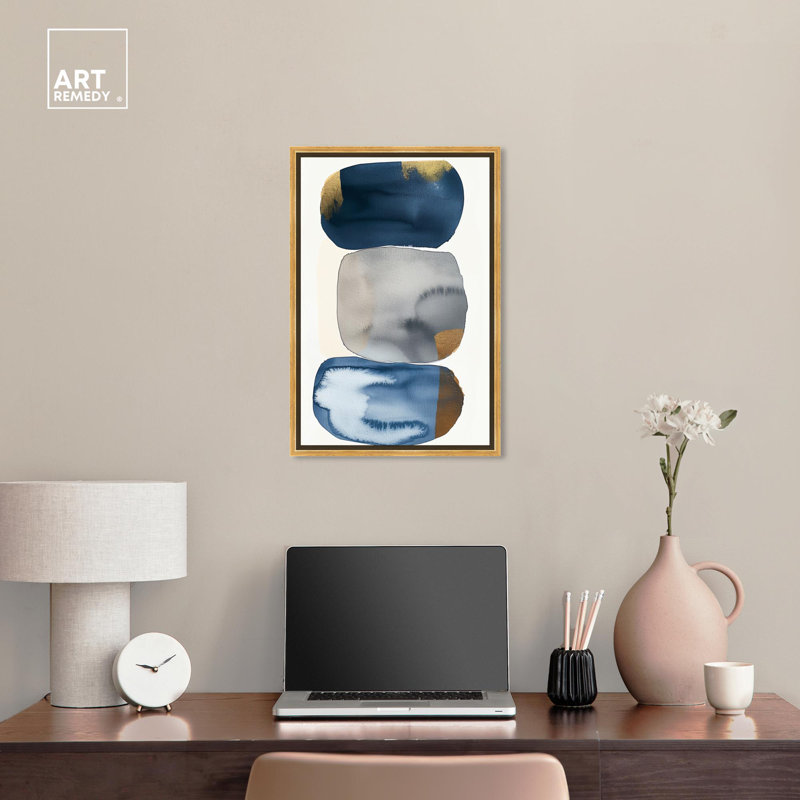 Blue and Gold Abstract Canvas Art with Gold Frame, 15" x 10"