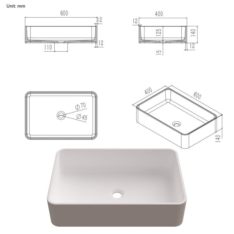 Évier de salle de bain rectangulaire encastré 24 po x 16 po Pensen Pink