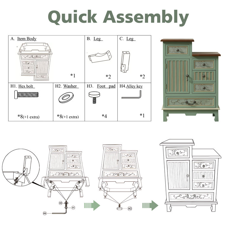 Fienley Farmhouse 1-Door Carved Wood Accent Chest With 5-Drawers, Sage Green Cabinet,Rustic Brown Top, Green