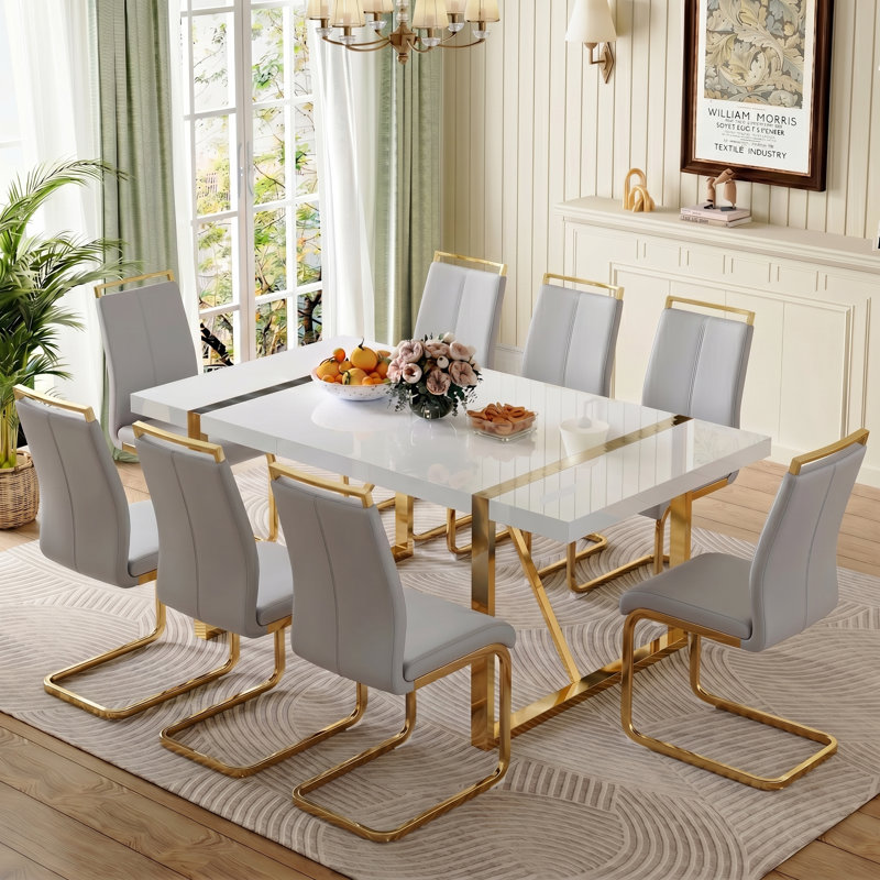 9-Piece Modern Glam Rectangular High-Gloss Dining Set with Faux Leather Cantilever Chairs, 9 Pieces: Table, 8 Chairs