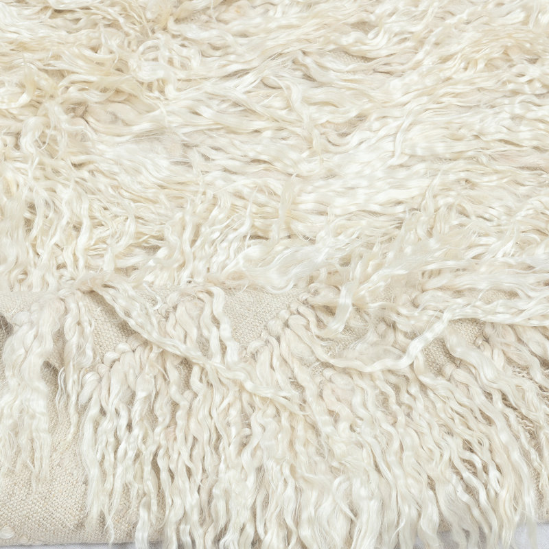 Tapis à poils longs fabriqué à la main 4,2 x 4,4 pi en laine de mohair beige naturel