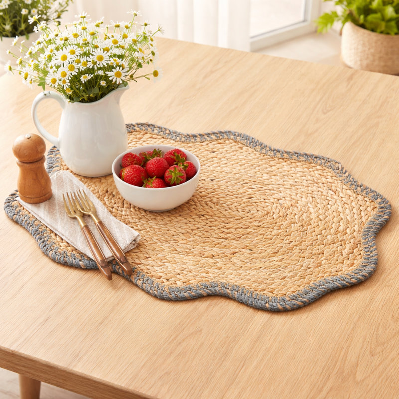 Scalloped Jute Braided Placemat - Natural Finish, 51 × 36 cm, Grey