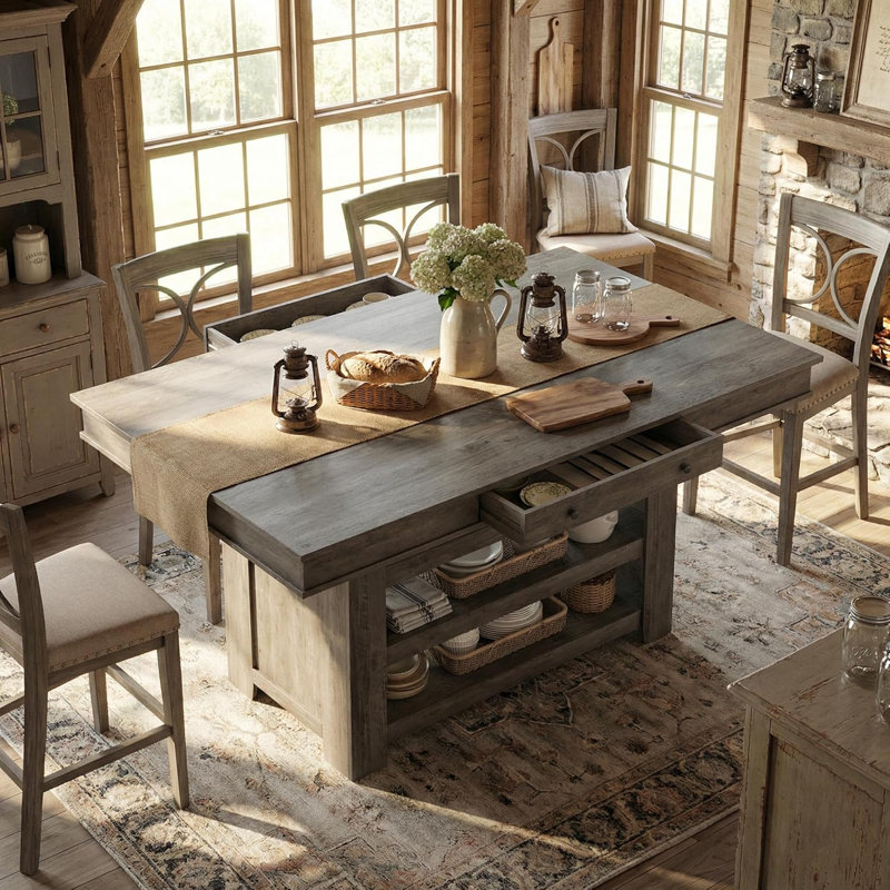 60" Counter Height Dining Table for 4, Farmhouse Large Rectangular Kitchen Table for 6 with Thick Table Top, Bar Height Dining Room Table with Deepened Wine Rack, Shelves for Kitchen, Bar, Pub