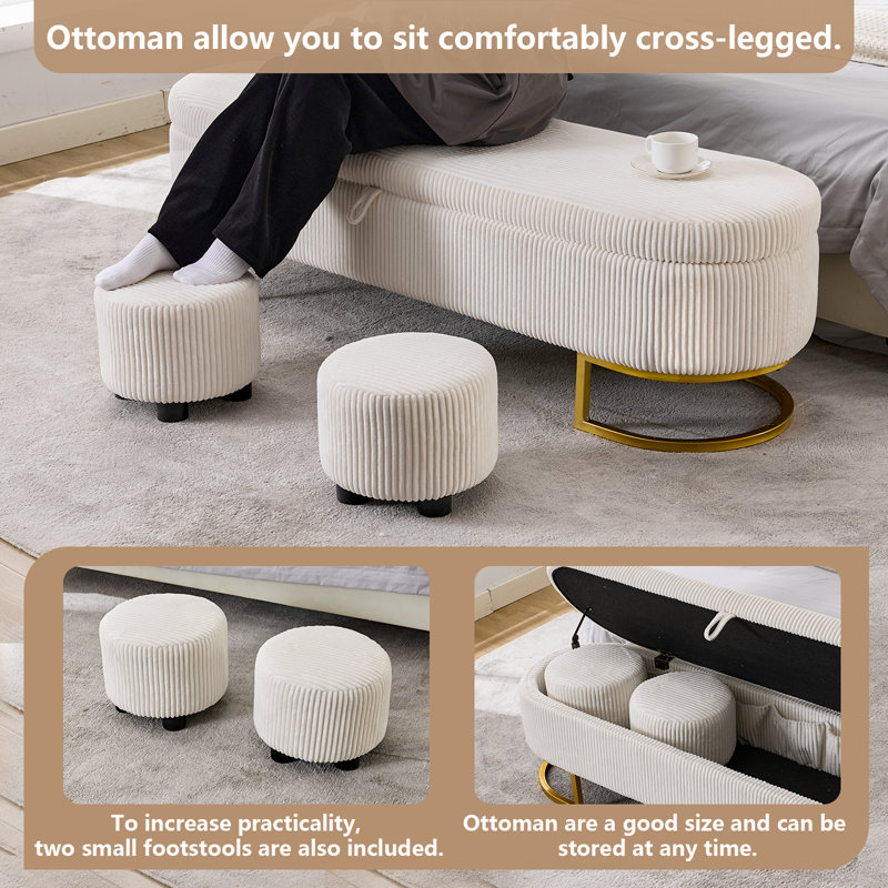 Morden 65" Curved Corduroy Storage Bench with Two Ottoman and Gold Legs, Corduroy Beige