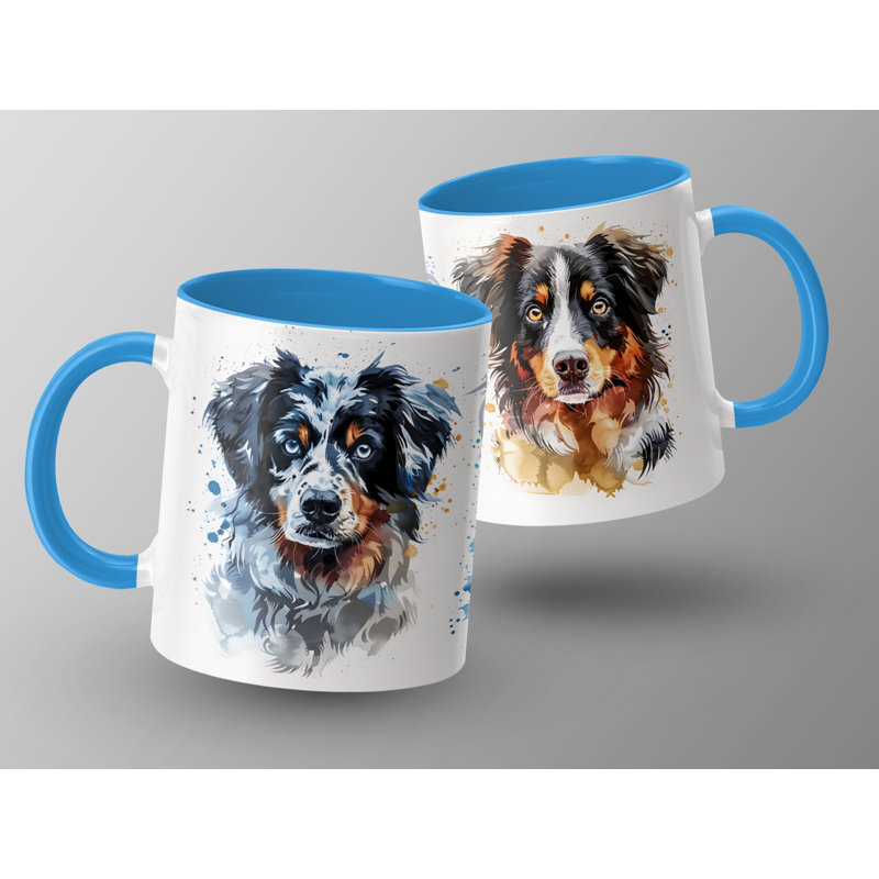 Australian Shepherd Watercolor Design 11oz Coffee Mug, 2, Light Blue