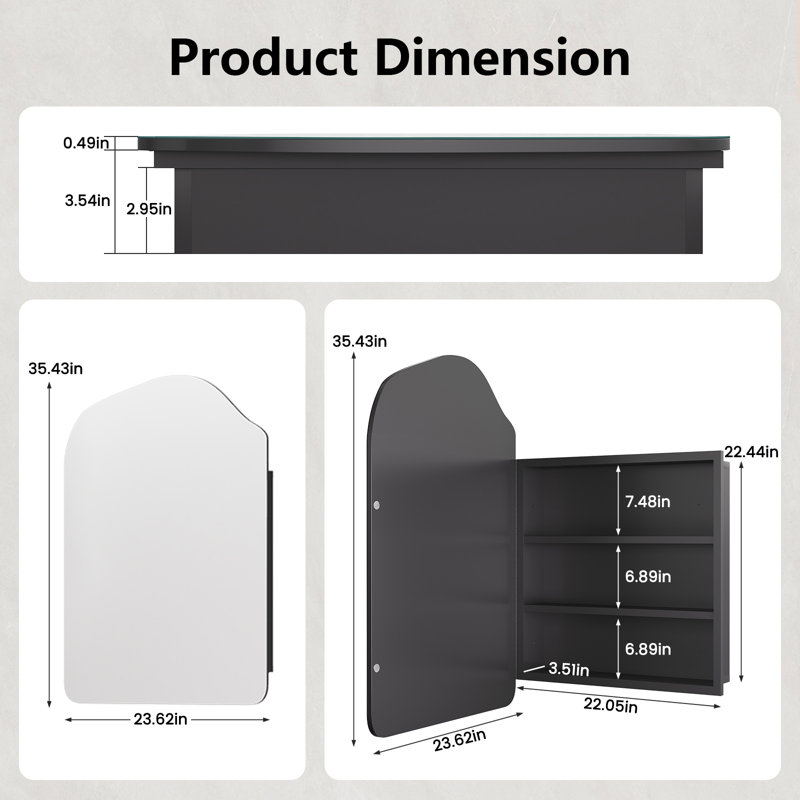 Armoire à pharmacie de salle de bain 24 po x 35 po avec miroir, miroir de meuble-lavabo moderne avec rangement, encastré et fixé au mur, métal noir, stable, installation facile