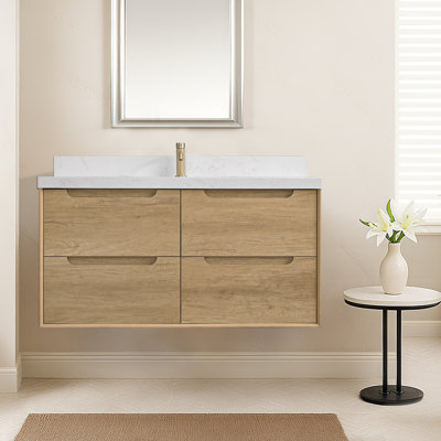 AuroraSky 48" Wall Mounted Floating Bathroom Vanity With Engineered Stone Top, 4 Drawers