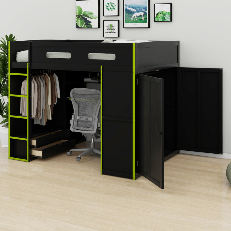 Lit mezzanine en bois avec bureau, garde-robe, grand espace de rangement et lumière DEL RVB, Vert / noir