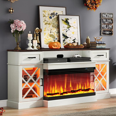 Barnwood & White Farmhouse LED Fireplace TV Stand – 70" Media Console With 3-Sided Glass Fireplace And Glass Door Storage For Tvs Up To 80"