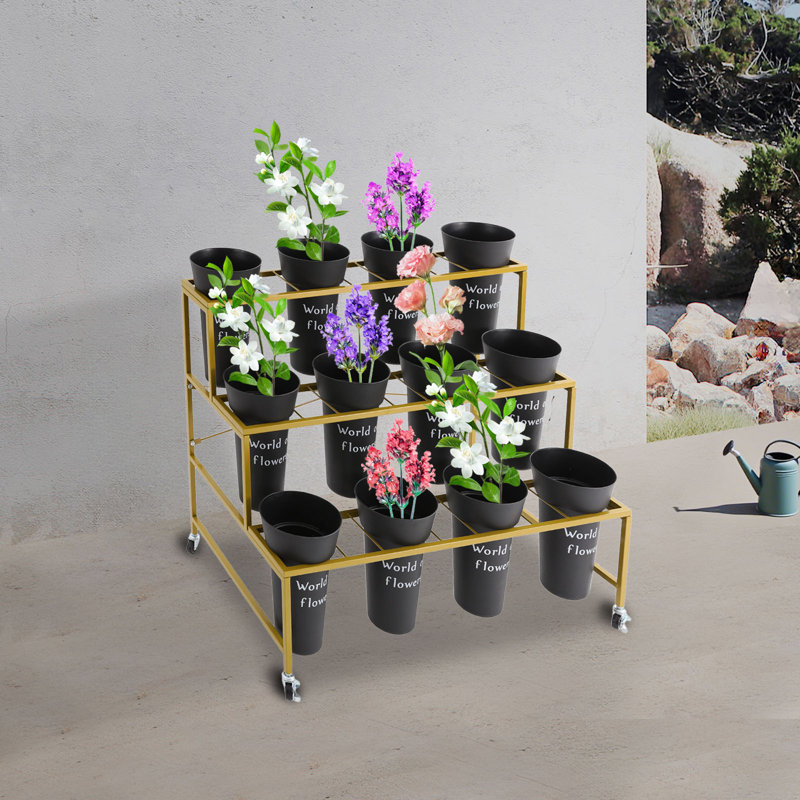 Présentoir à fleurs en métal avec roulettes