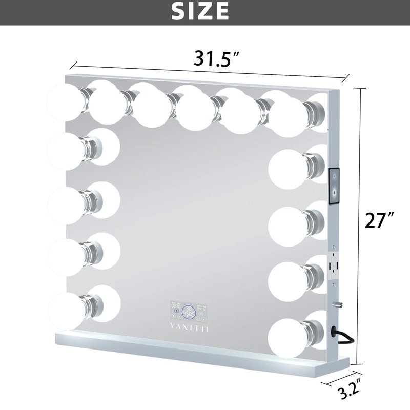 Miroir de maquillage avec ampoules à intensité variable et fixation murale Bluetooth, 27 po x 31,5 po