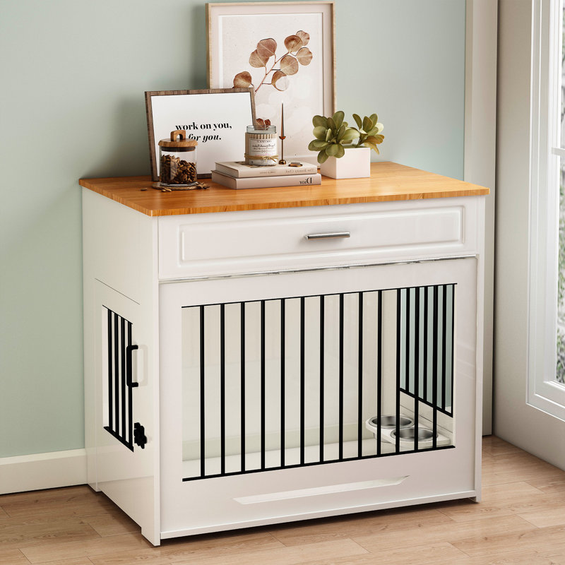 Large Dog Crate Furniture with Flip-up Door, Drawer, White