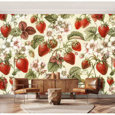 Adhésif mural autocollant amovible à motif de fleurs et d'art botanique à motif de fleurs de fraise rétro, adhésif pour salon, chambre de bébé, H 69 po x l 96 po