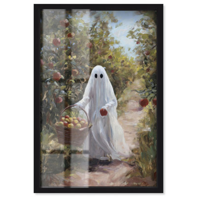 Apple Picking Ghost Shadowbox Print Halloween Art Decor by Art Remedy, Black Frame, 17 x 25